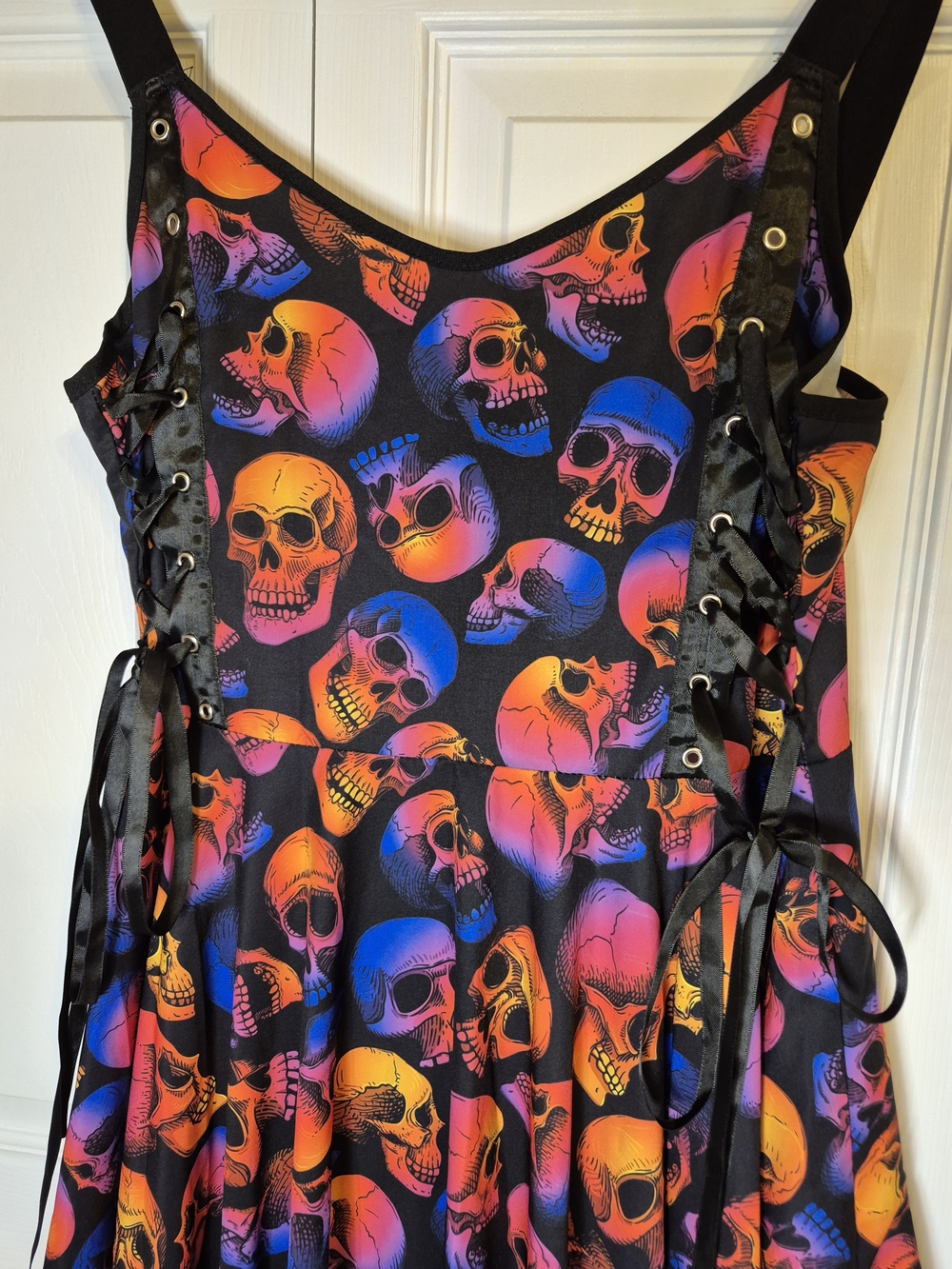 Skull Print Lace-Up Hankerchief Hem Dress - Neon Gradient Skulls